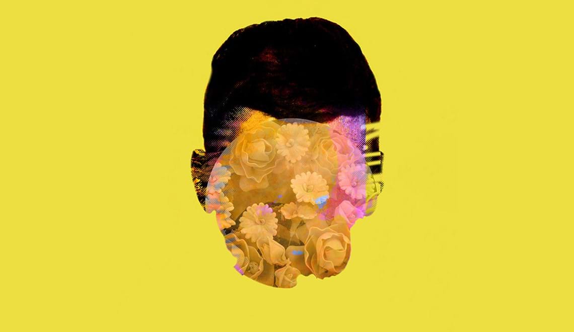 A digital work of art that looks like a human head made of flowers in front of a yellow background.
