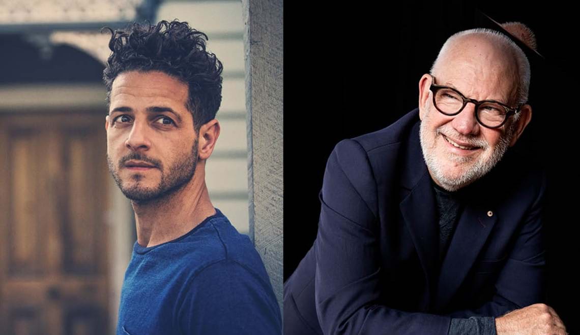 Two images: One is a photo of Lior, a man with dark hair wearing a blue t-shirt and with a serious expression. The other is a photo of Paul Grabowsky, a man with a white beard, dark glasses and a navy suit.