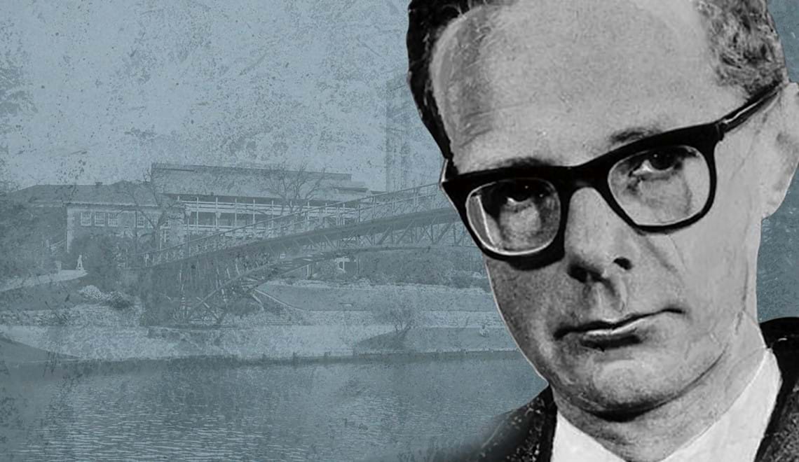 A black and white photo of Dr George Duncan, a man wearing glasses with close-cropped curly hair, is set over a photo of the University Footbridge and the Torrens River.