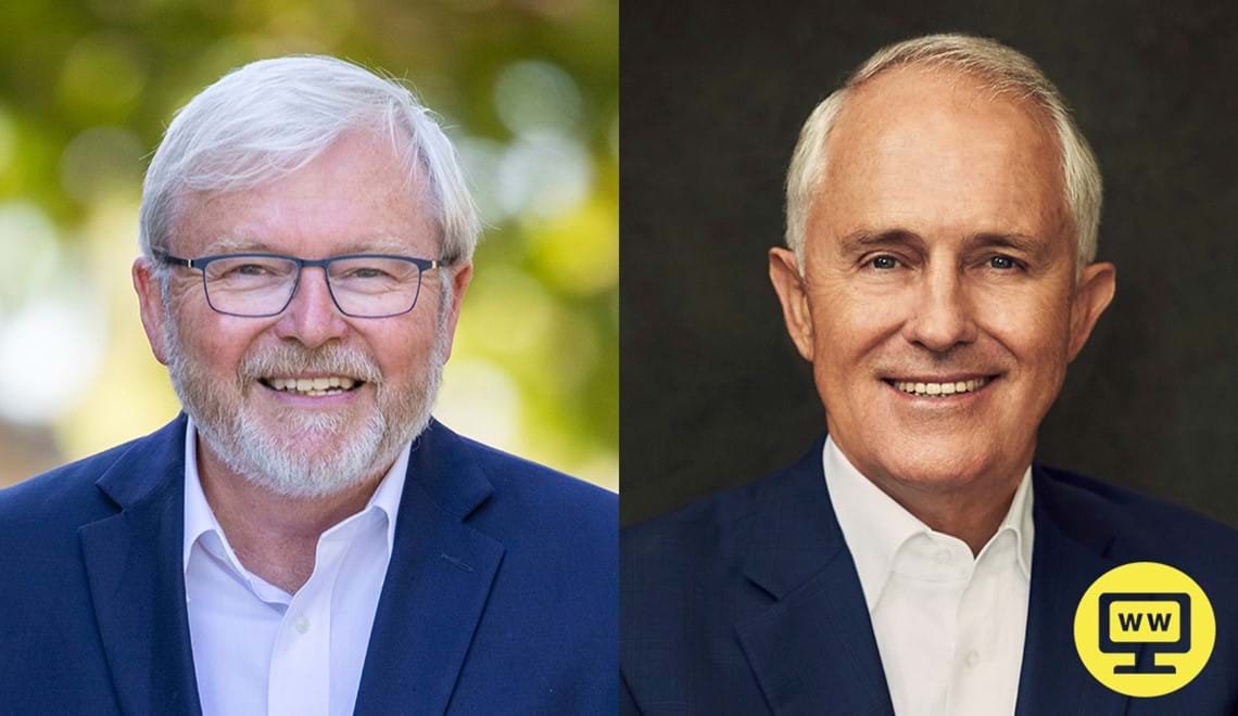 Kevin Rudd and Malcolm Turnbull are pictured, both wear a blue suit jacket over a white shirt and are smiling.