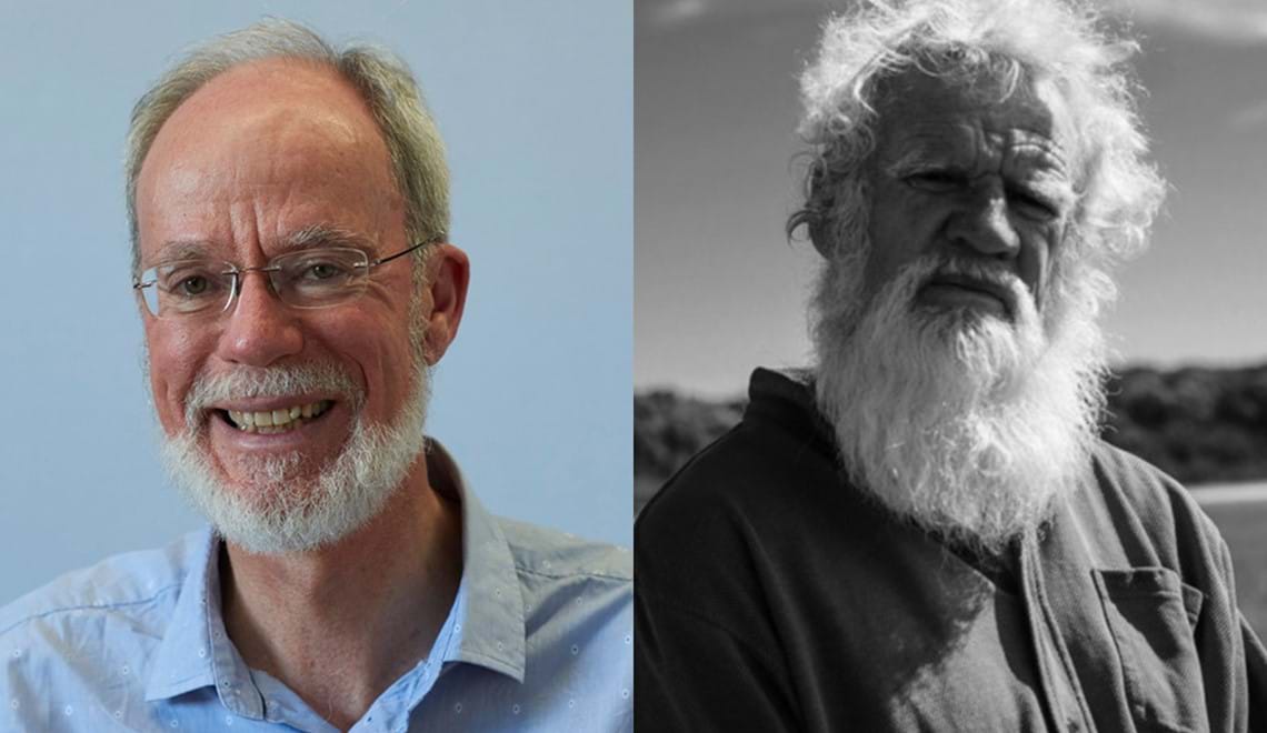 Tom Griffiths has a white beard and white hair. He is wearing a blu short and glasses, and is smiling at the camera. Bruce Pascoe's photo is black and white. He also has a white beard and white hair. Bruce is wearing a dark shirt and looking into the camera with a serious expression.