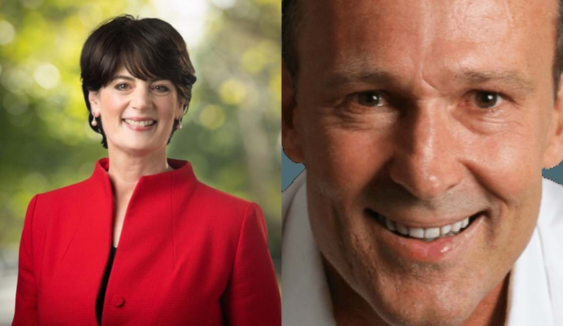 Fiona McLeod has short, dark hair and is wearing a red jacket. Michael West's photo is an extreme close-up of his face. Both speakers are smiling at the camera.