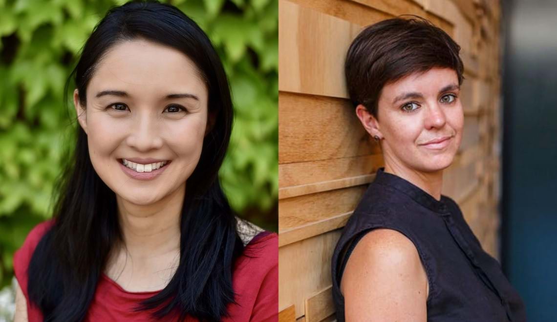 Alice Pung has long black hair, is wearing a red top and is smiling. Allee Richards has short brown hair, wears a navy blue blouse and is slightly smiling.