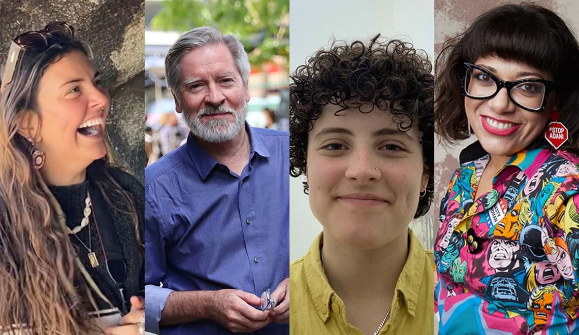 Photos of Tiahni Adamson (with long brown hair, looking to the right of the camera and laughing), Rob Brookman (with grey hair and a beard, wearing a blue shirt and smiling slightly), Audrey Mason-Hyde (with dark curcly hair, wearing a yellow shirt and smiling) and Jess Scully (with dark hair, wearing a brightly coloured, patterned shirt and smiling at the camera).