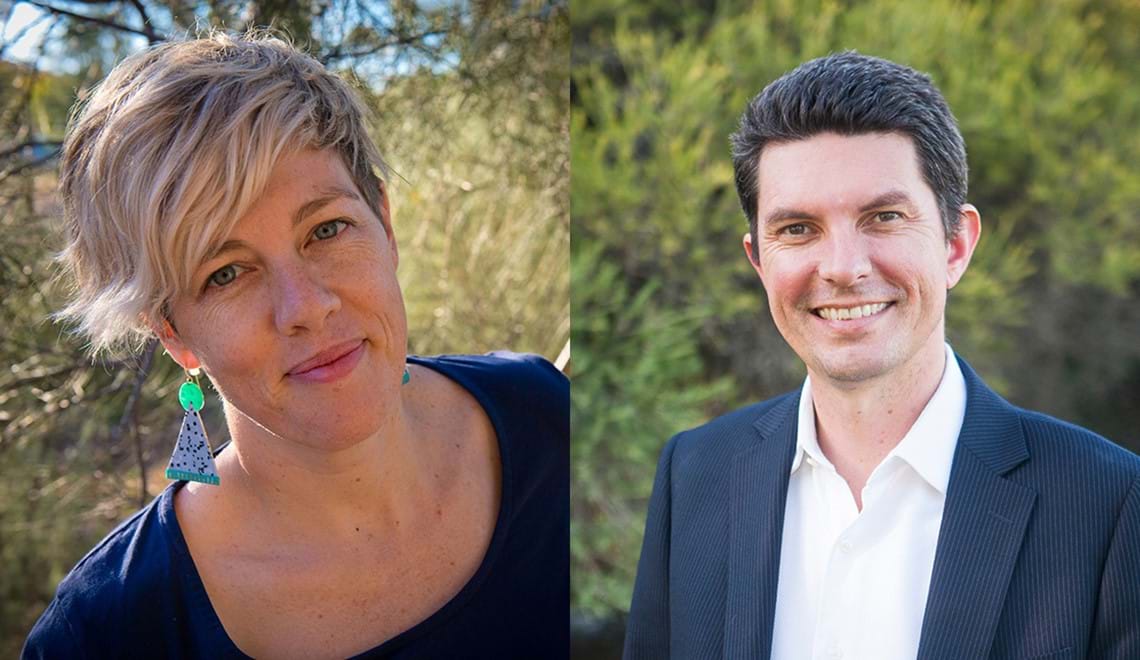 Alex Kelly has short blonde hair and large green and blue earrings; she is smiling slightly at the camera. Scott Ludlam has dark hair and wears a white shirt with a blue suit jacket; he is smiling at the camera.