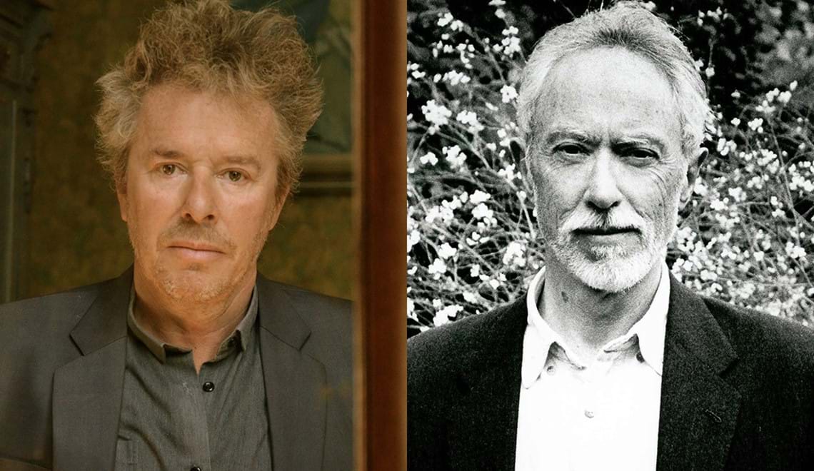 Photos of two men - on the left is Nicholas Lens who wears a grey shirt and grey suit and looks at the camera with a serious expression, while on the right is a black and white photo of J.M. Coetzee who wears a white shirt and a black jacket and is looking at the camera with a half-smile.