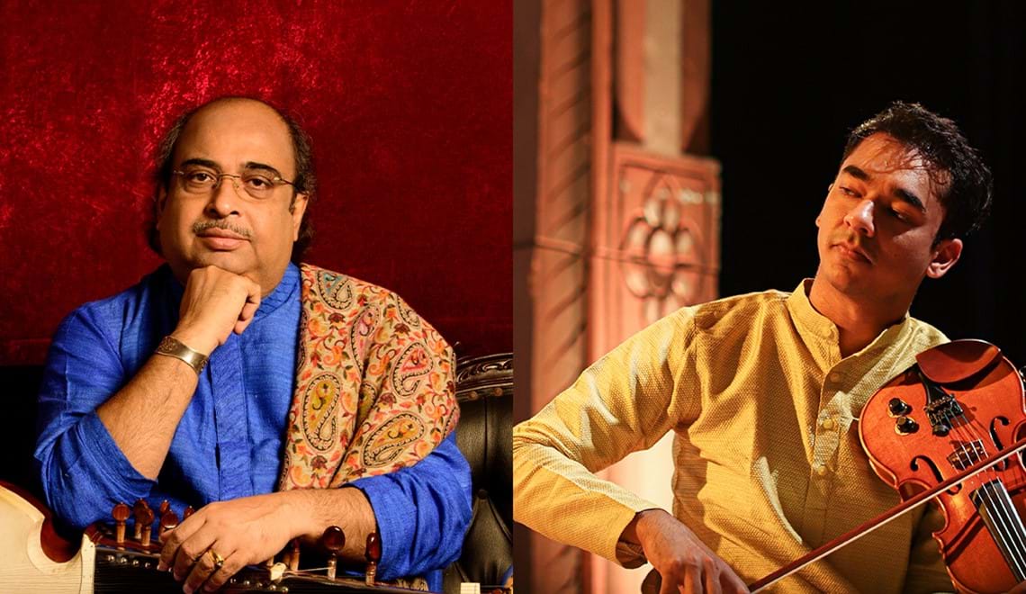 Photos of two men - on the left is Tejendra Majumdar, who wears a blue shirt and is resting his chin on his fist while holding a sarod, and on the right is Ambi Subramaniam, who is wearing a yellow shirt and playing the violin with his eyes closed.