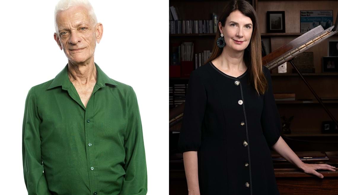 Two musicians are shown in composite. One stands in front of a white background wearing a dark green shirt. He has grey hair and is slightly smiling. The other wears black and stands in front of a piano. She has long brown hair and is smiling.
