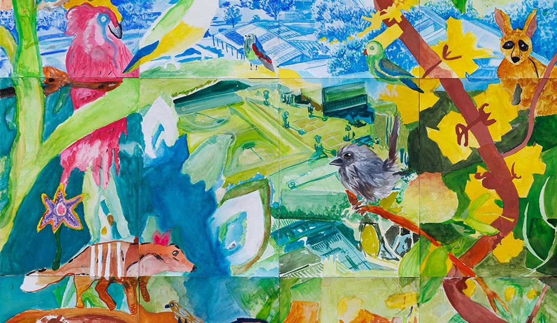 A vibrant artwork shows painted animals and plants, there is a pink bird, numbat, wren and kangaroo pictured. The background is a water colour ariel view of a school