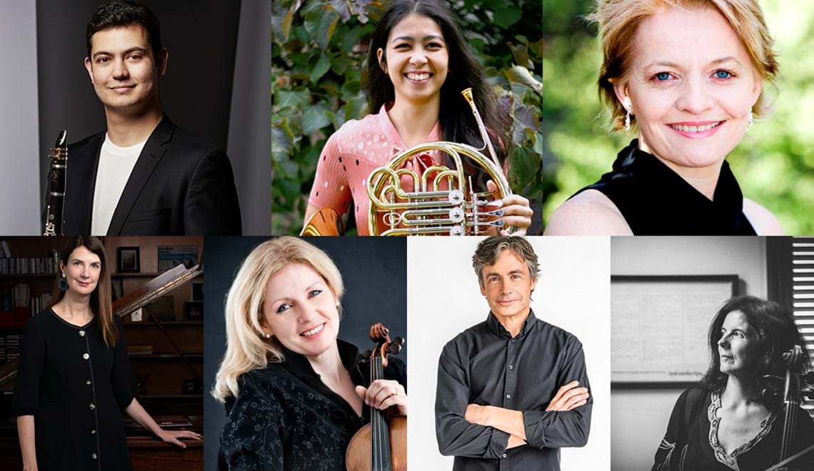 A collage of headshots shows seven musicians smiling. Some are holding instruments - a french horn and a violin.